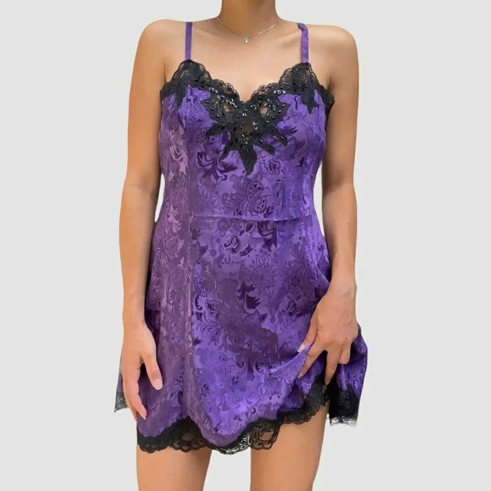 Vintage Gold Label Victoria’s Secret Purple Satin Black Lace Slip Dress Medium